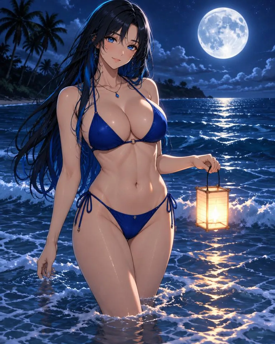 Corvelia, an adult anime companion wading through moonlit waves holding a paper lantern