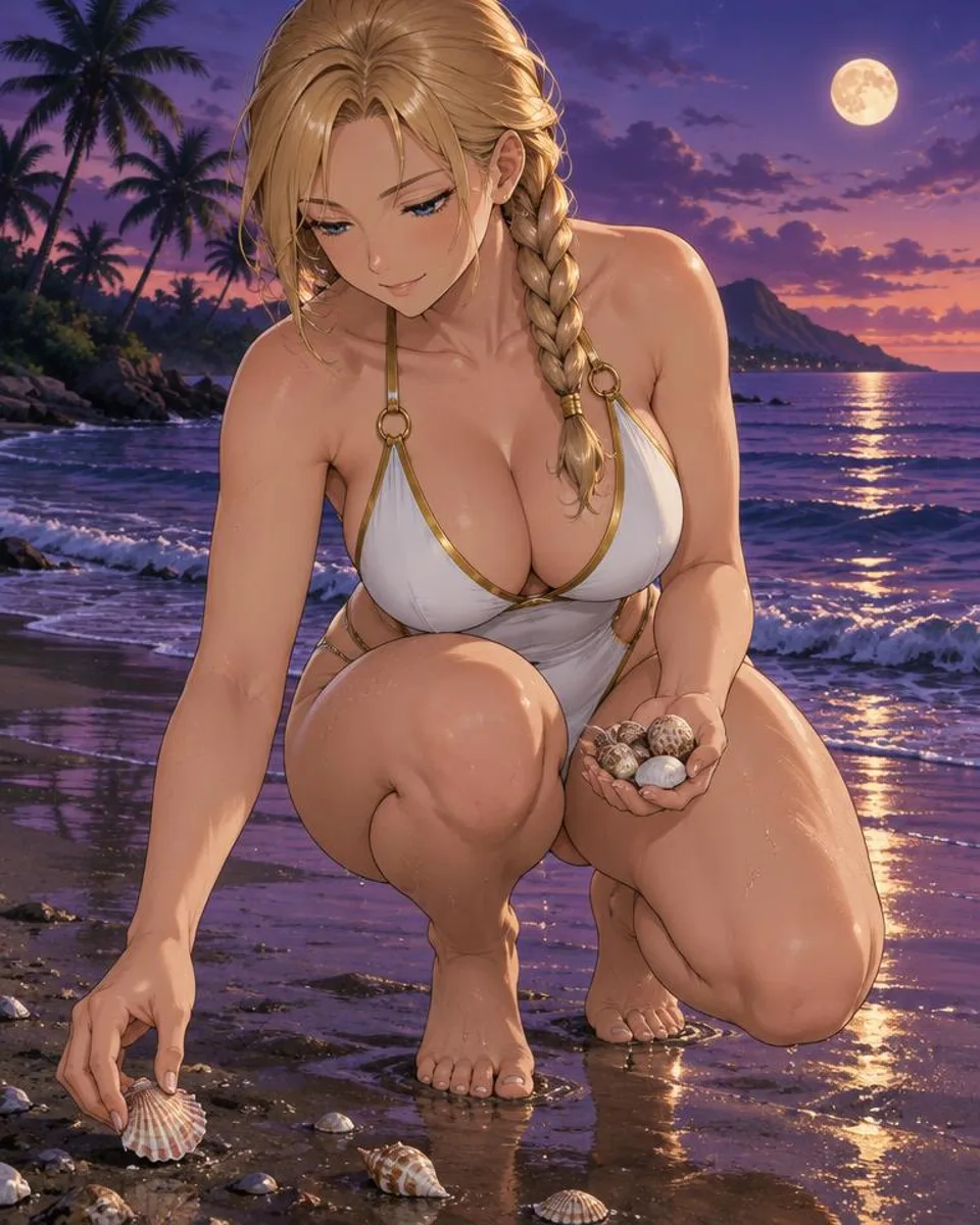 Elsabeth, an adult anime companion crouching at the waterline gathering seashells