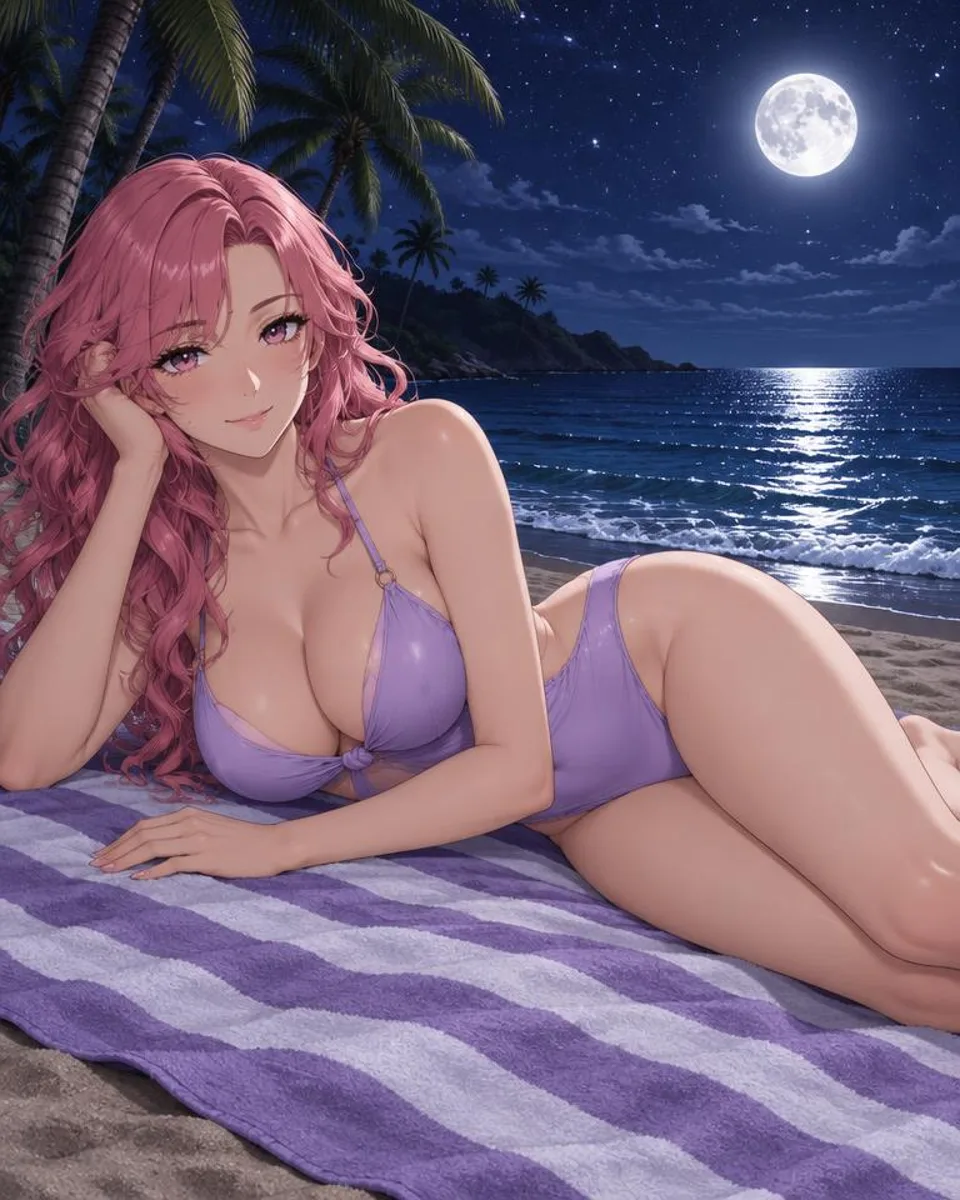 Lysandre, an adult anime companion lying on a striped towel counting stars