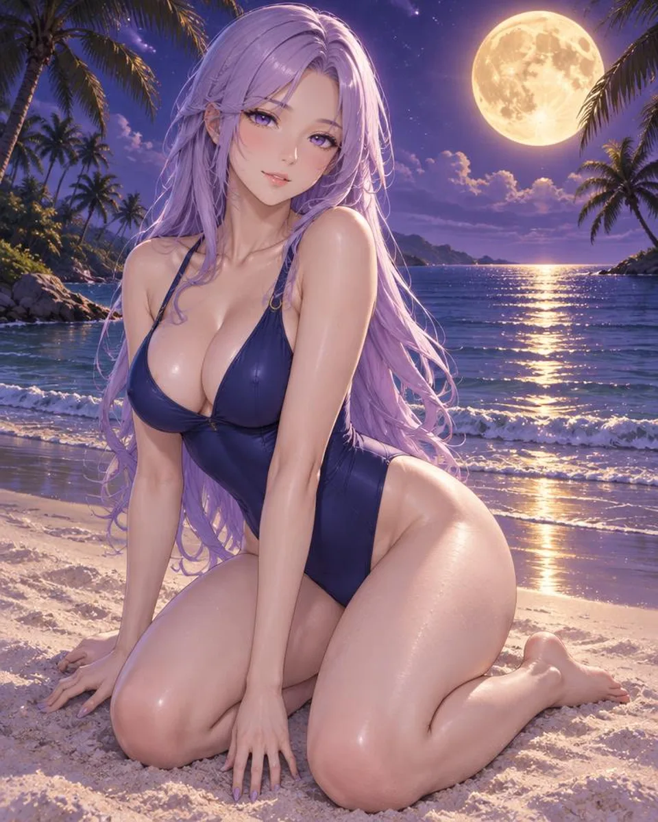 Nyxelle, an adult anime companion kneeling on pale sand under the full moon