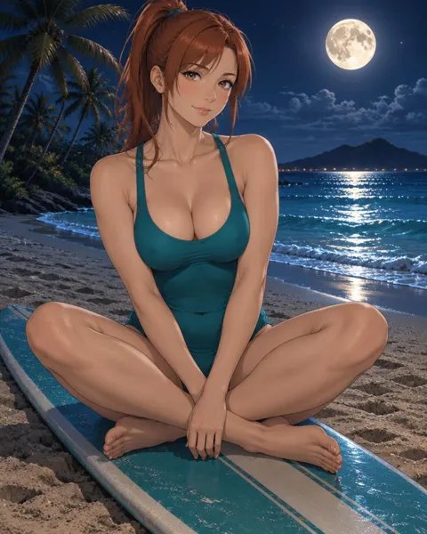 Thessane, an adult anime companion sitting cross-legged on a surfboard by the night sea